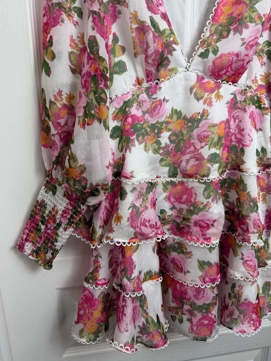 Keepsake Oblivion Tiered Mini Dress Size XS White Pink Floral - Picture 10 of 15